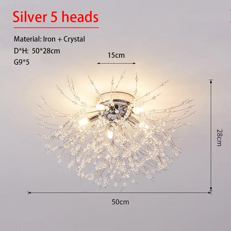 Modern Dandelion Crystal Pendant, Living Room, Dining Room, Bedroom Ceiling Light, Room Light, Fireball Decorative Light - Silver 5 heads / 110V / Cold White