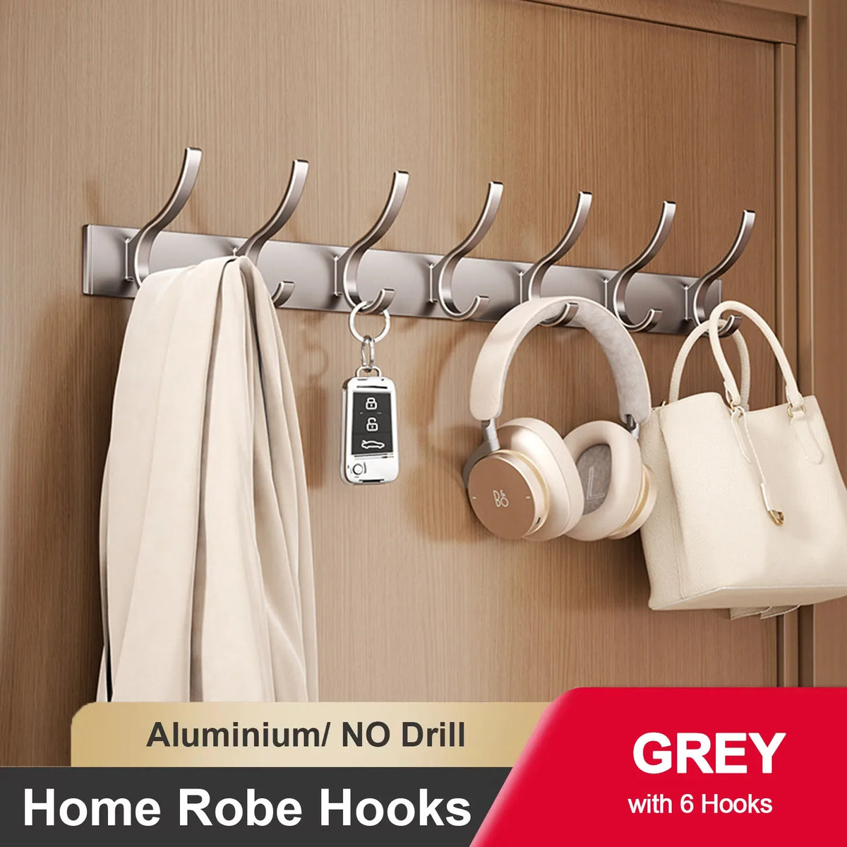 Wall adhesive hook for clothes and towels without drilling - Grey 7 Hooks