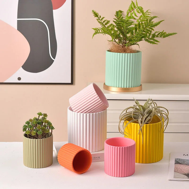 Ceramic flower jar vertical lines for indoor plants - view 2