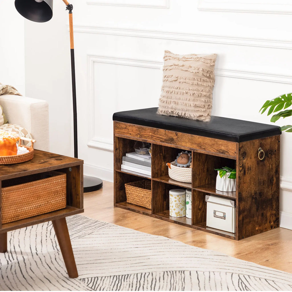 Shoe cabinet with padded bench and 6 compartment shelf