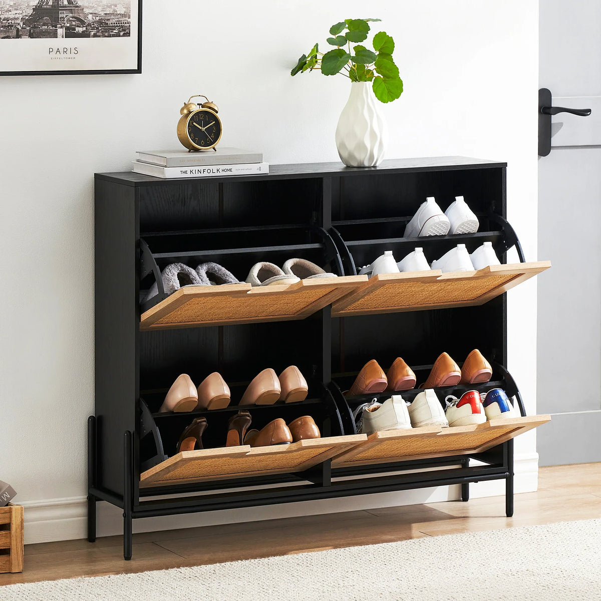 Natural rattan shoe cabinet with folding doors and adjustable shelves - view 2