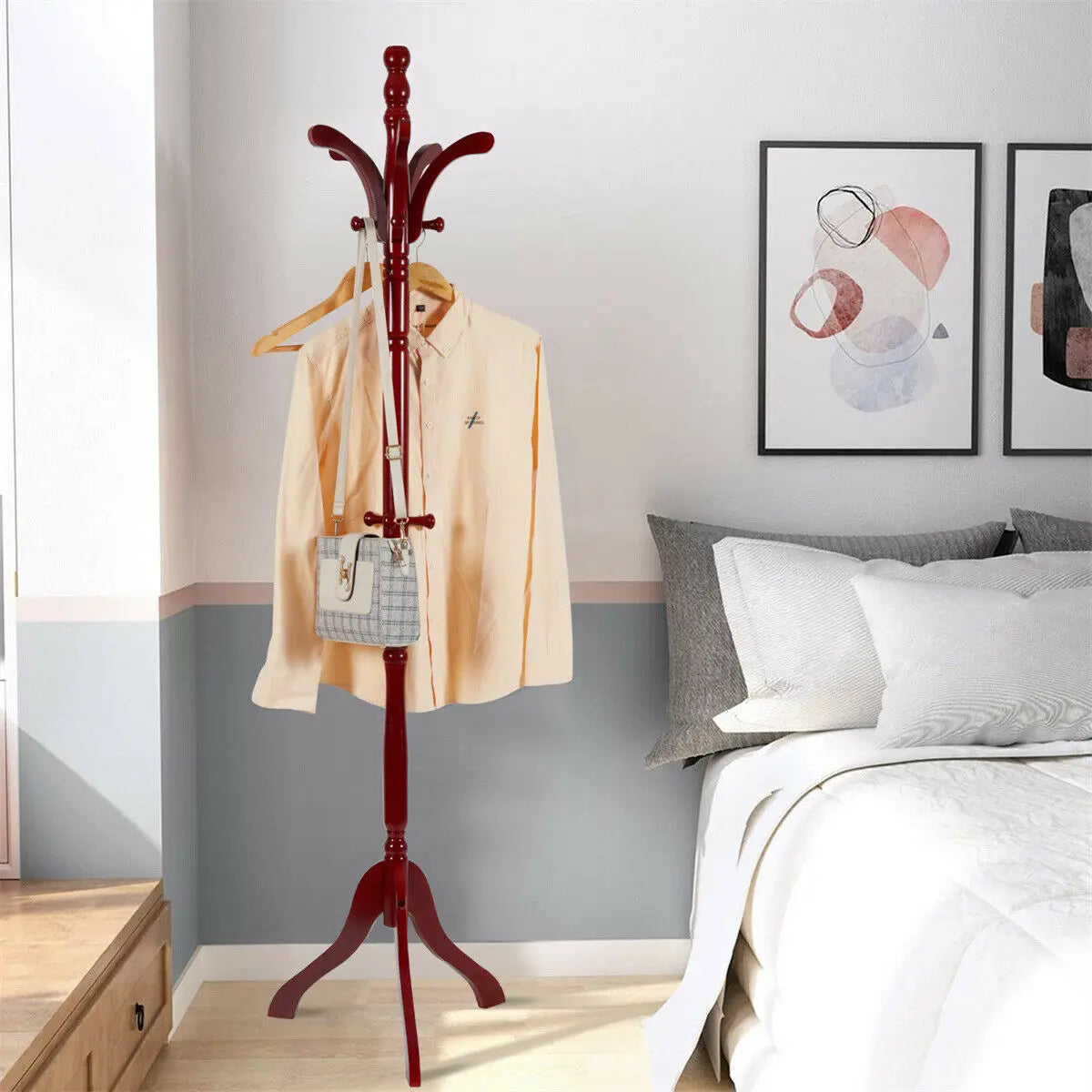 Solid wooden tripod coat holder for bag clothes and accessories - Red