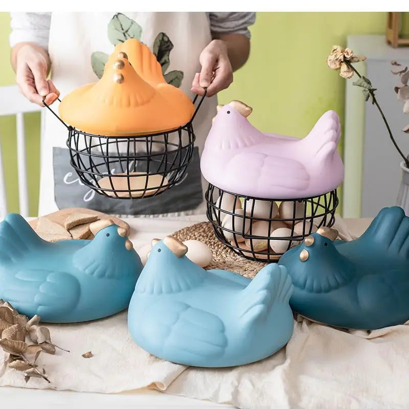 Ceramic Egg Storage Basket, Living Room, Fruit, Garlic, Hollow Metal Hen Shaped, Kitchen Organizer - view 3