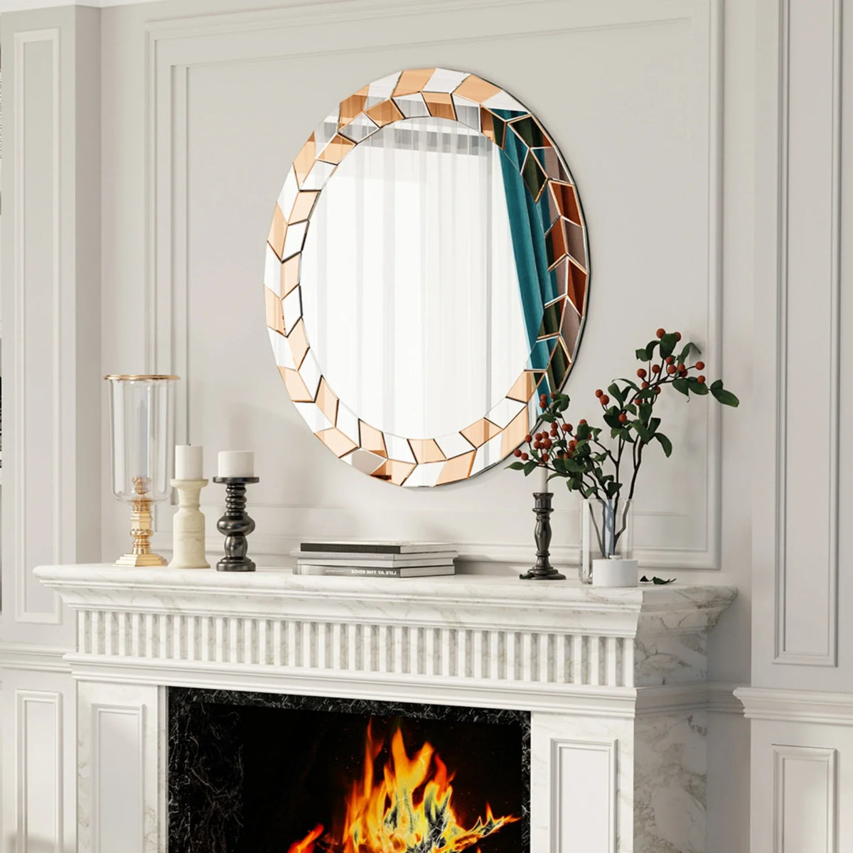 Large round decorative mirror with bevelled glass frame modern style - view 3