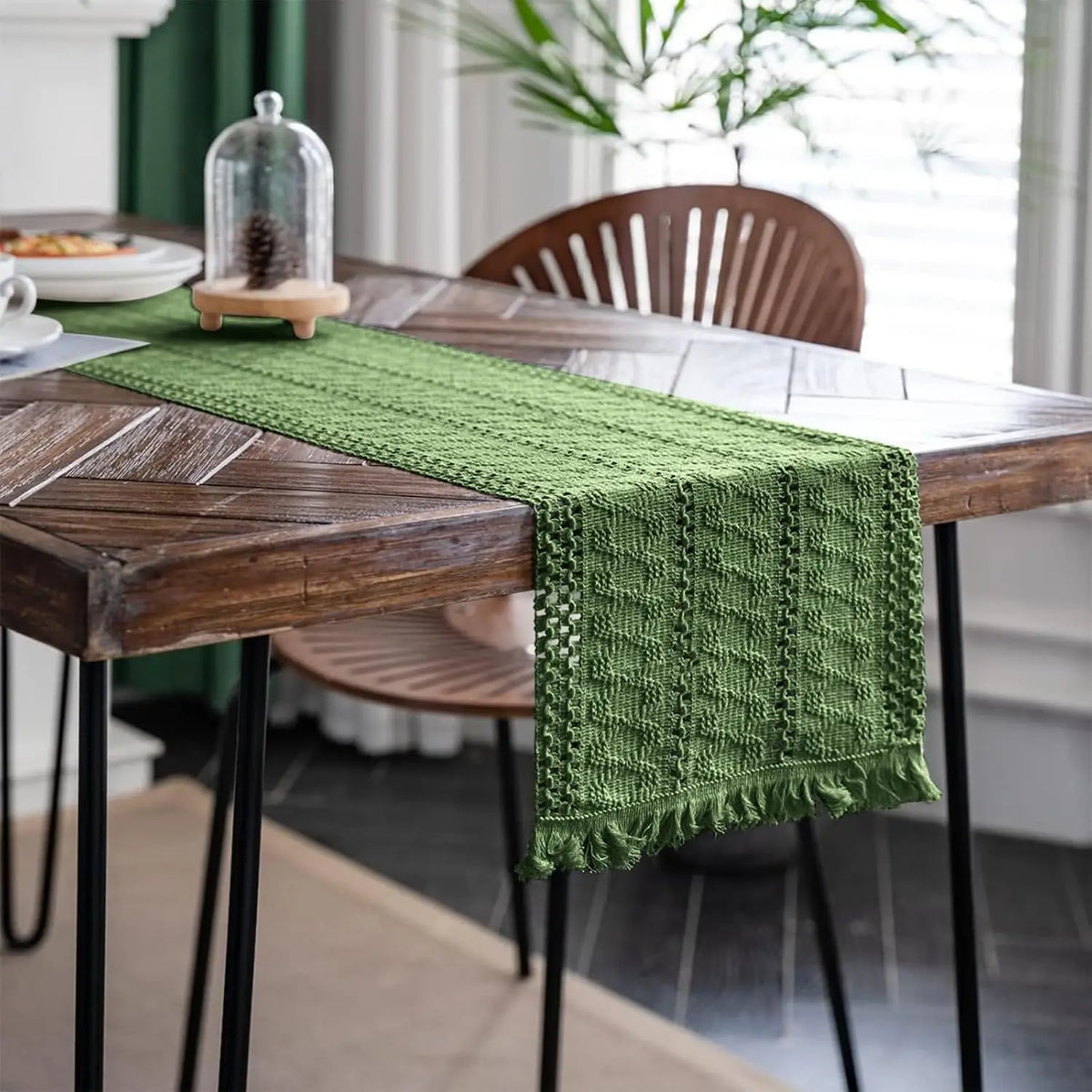 Bohemian Cotton-Linen Table Runner in Beige with Pom-Poms, Style One - 30X50cm
