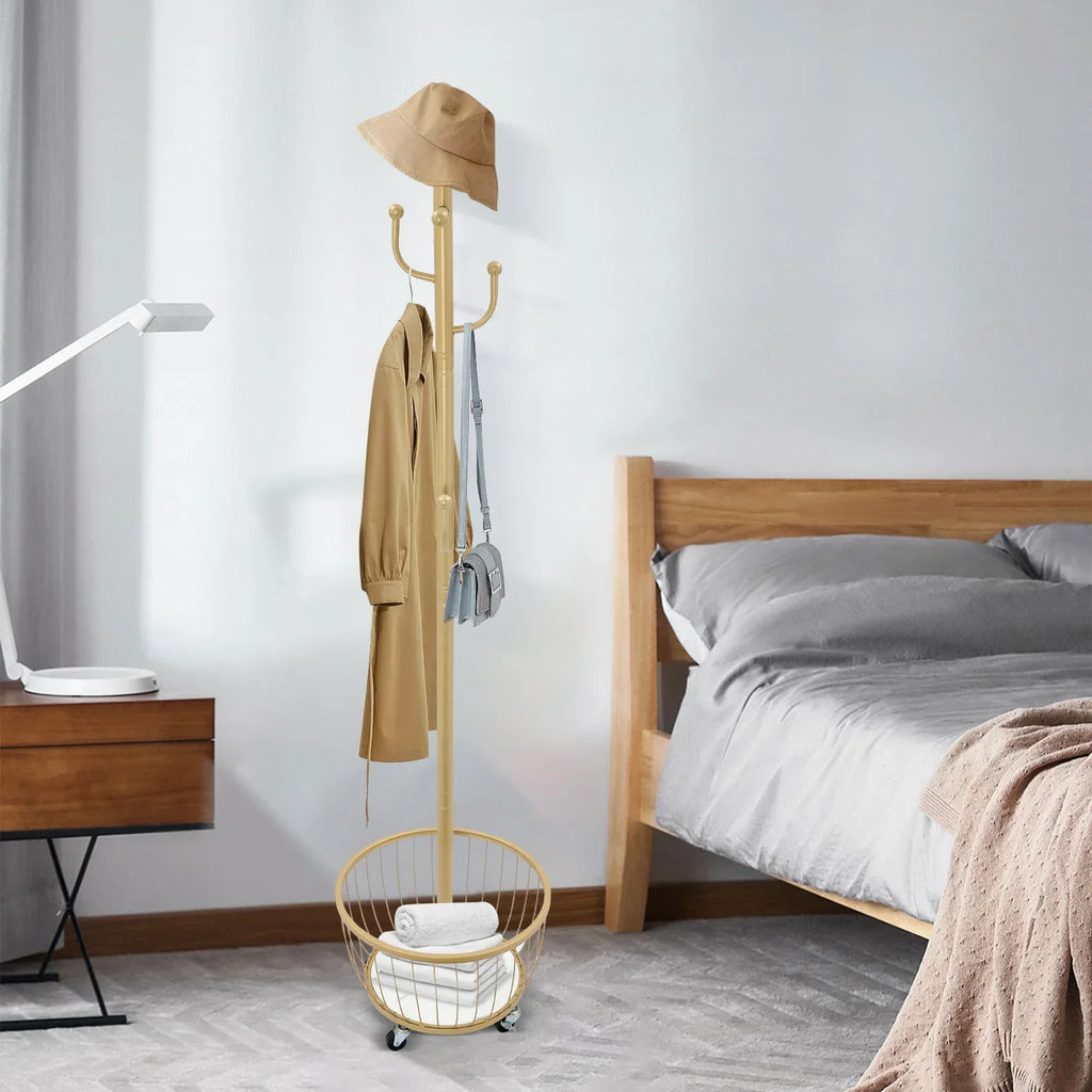 Standing Coat and Hat Hanger Organizer Rack with Mobile Wheel, Entryway Coat Hanger Stand with Storage Basket, Chic Home Tools - view 6