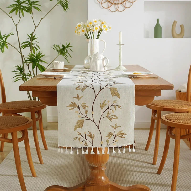 Table runner embroidered plants bohemian cotton pom-poms - 33X120cm