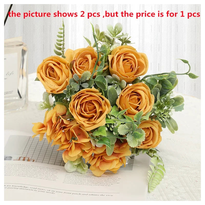 Bouquet of artificial pink flowers and decorative hortensias for Saint-valentin - Yellow
