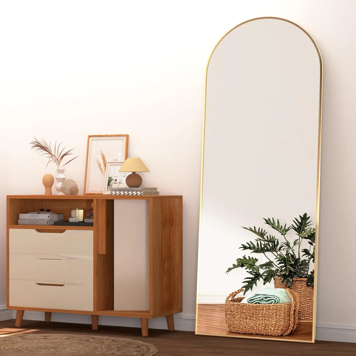 CASSILANDO Arched Full Length Mirror 64" x 21", Floor Standing Mirror, Unique Vertical Mirror, Gold Metal Frame Mirror