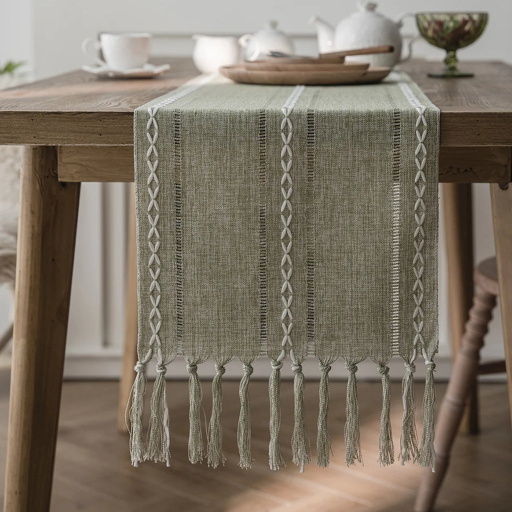 Bohemian table runner embroidered hand woven pom-poms - view 2