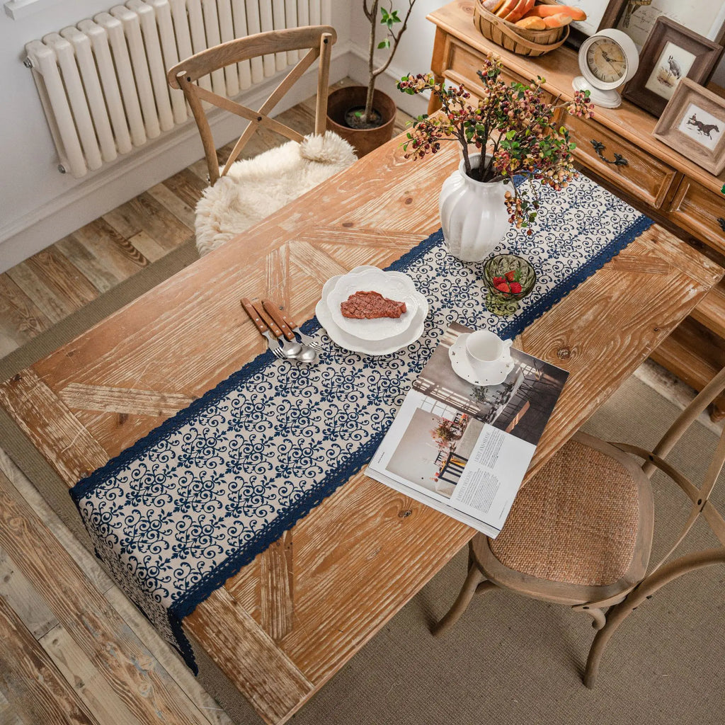 Blue table runner porcelain style lace country - view 2