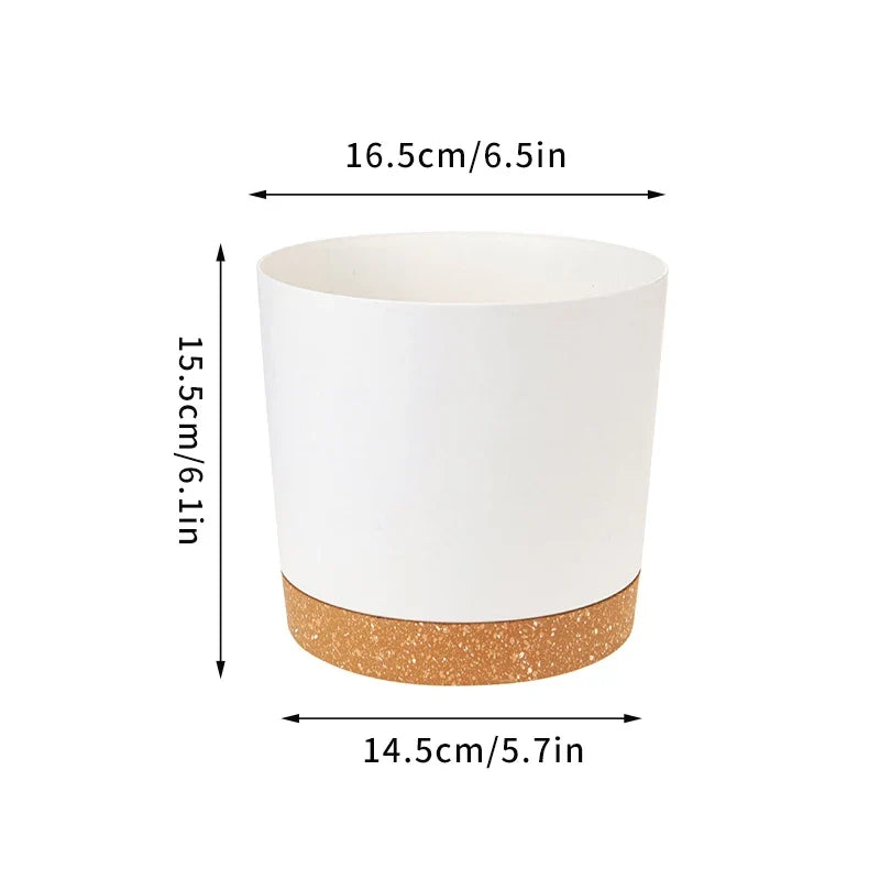 Large plastic circular pot for indoor plants with drainage and tray - White-6.5 inches