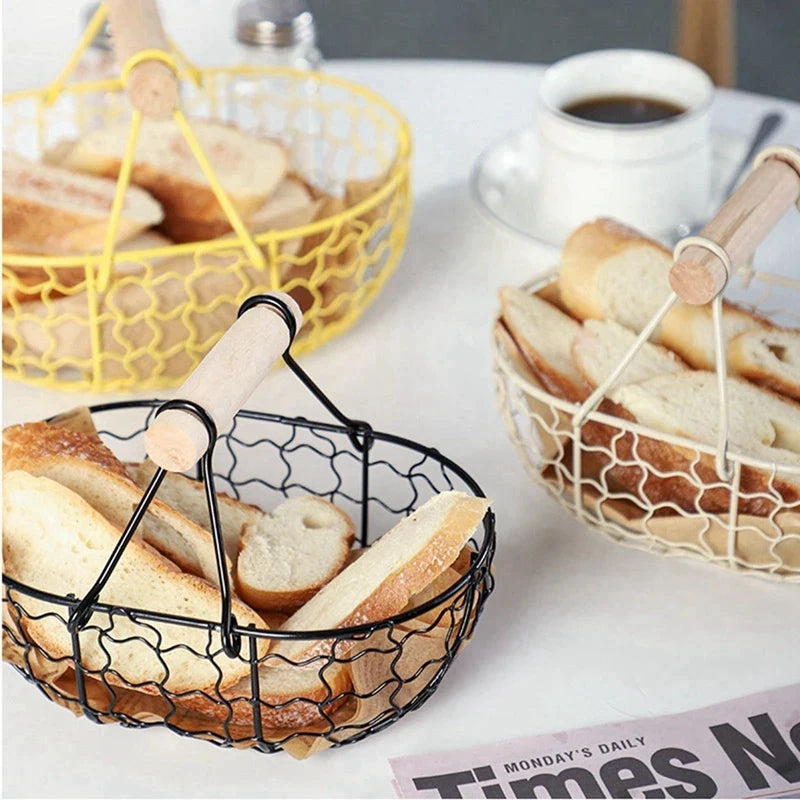 Basket made of iron for vegetable fruits and bread with wooden handle - view 2