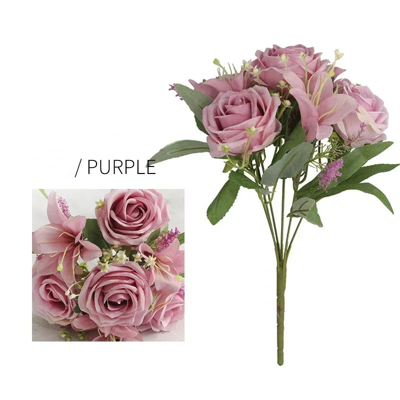 Wedding decoration bouquet lilies and artificial rose wines scented garden flowers - PURPLE
