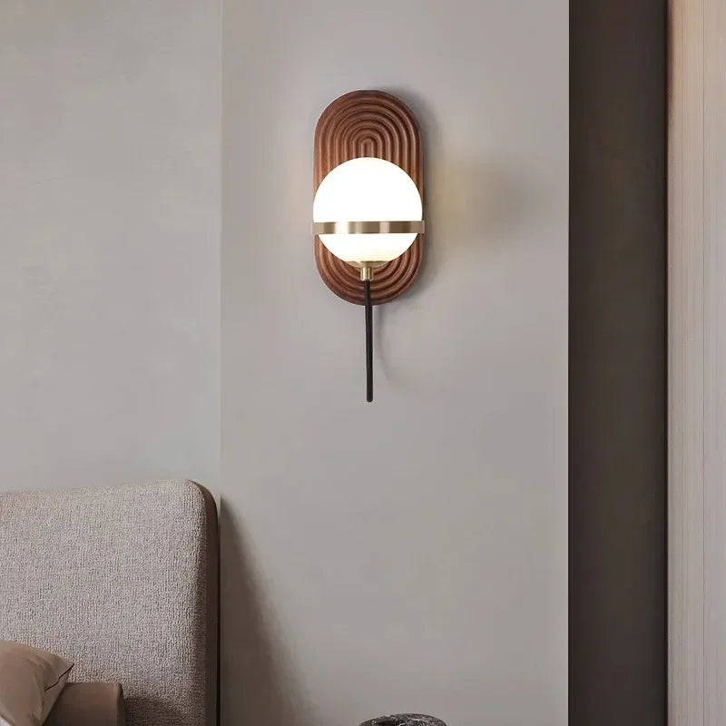 Walnut Wood Circular Sphere, Modern Wabi-sabi minimalist Wall Sconce light for Bedroom, Bedside, Living, Dining Room - view 4