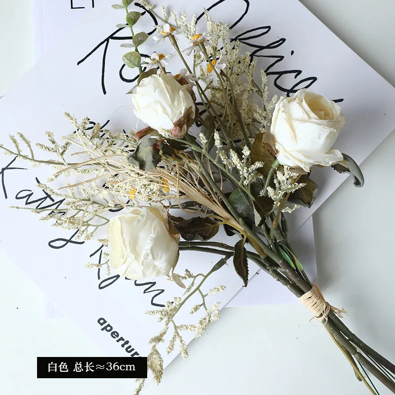 Bouquet of dried rose wines and peonies for autumn retro decoration - White