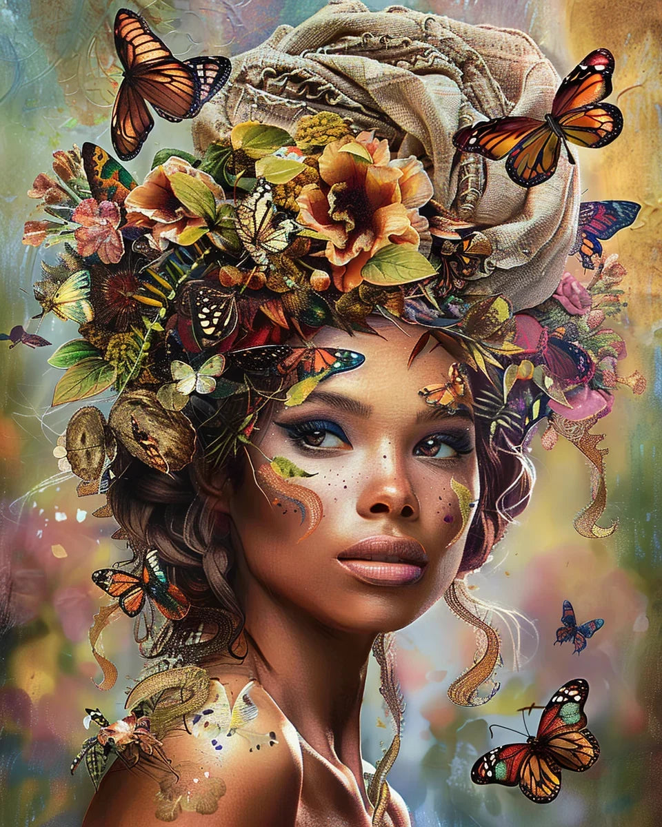 Painting by ethnic numbers girl butterfly flower kit DIY decorative - H6524 / No Frame 60x75cm
