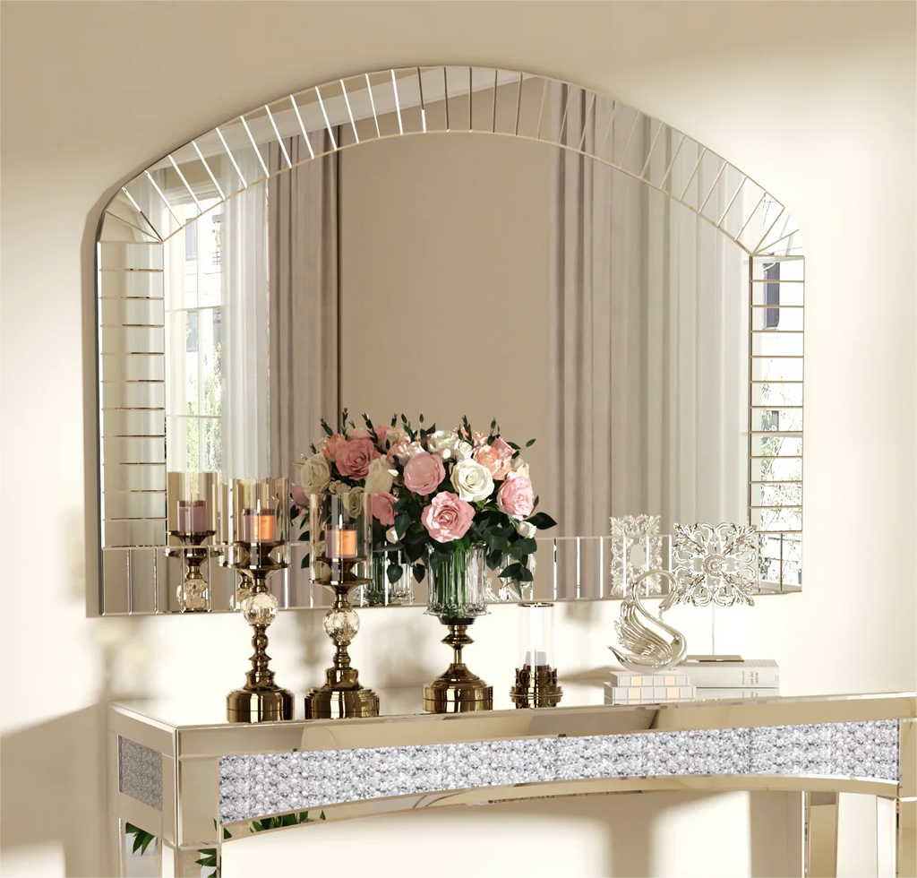 Large Silver Arched Wall Mirror, Silver Glass, Decorative Venetian Accent Mirror, Home Living Room decor, Bling Beveled Edge - Silver / 100x70cm