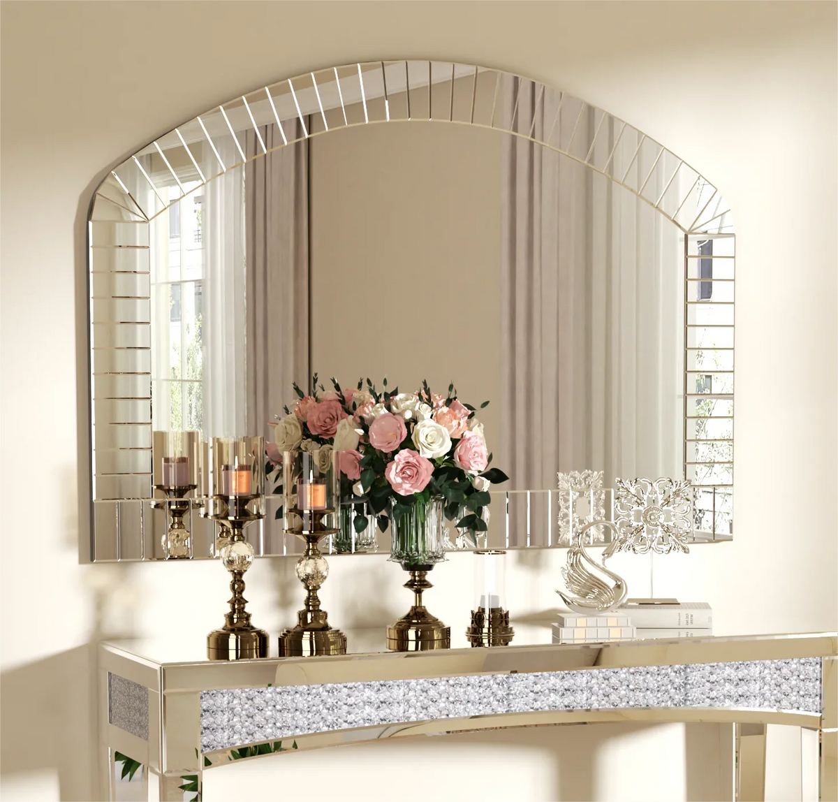 Large Silver Arched Wall Mirror, Silver Glass, Decorative Venetian Accent Mirror, Home Living Room decor, Bling Beveled Edge - Silver / 100x70cm