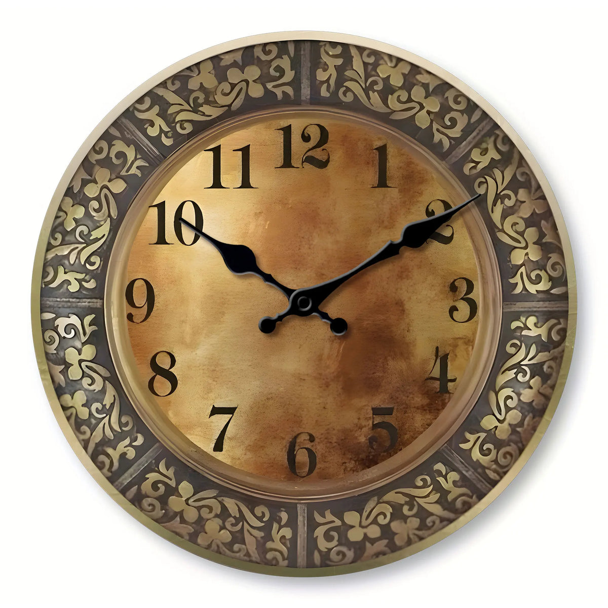 Wooden silent wall clock, antique brass pattern design, modern design, home decoration, living room dining room decoration