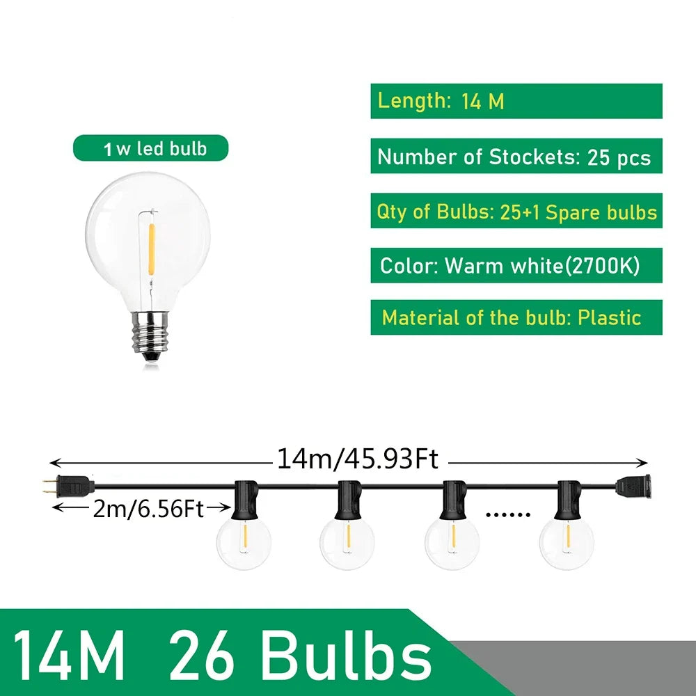 Outdoor LED String Lights in 9 to 26 Meter Lengths - 14m 26ampoules