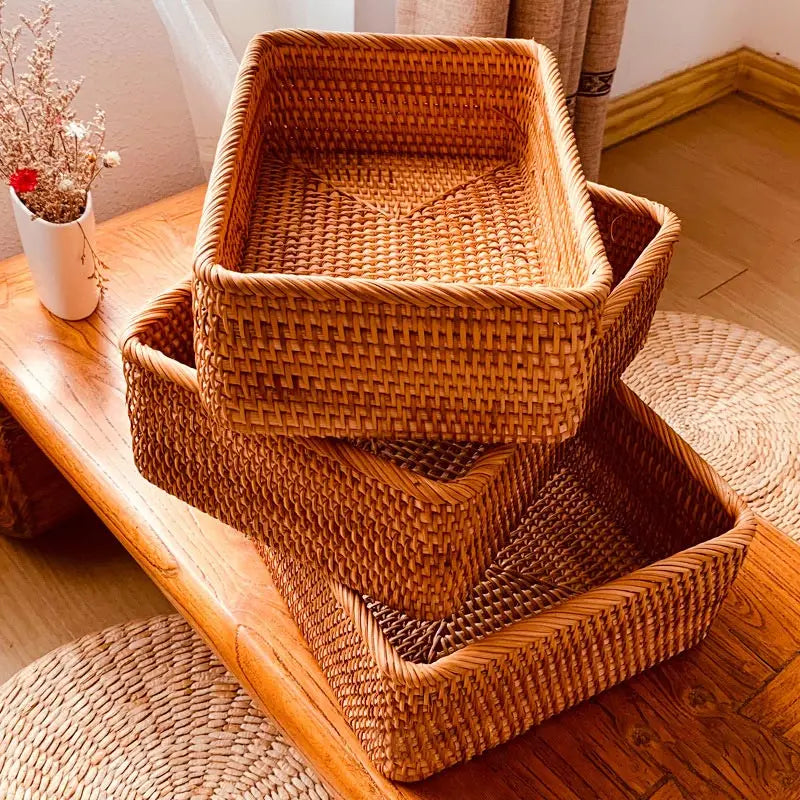 Hand woven rattan rectangular baskets for storage and decoration - view 2
