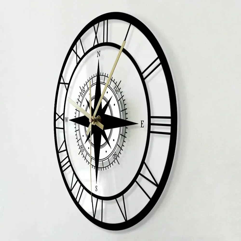 Silent wall clock with compass and steering map - view 2