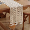 Table runner lace crochet bohemian pom-poms beige - 24X100cm