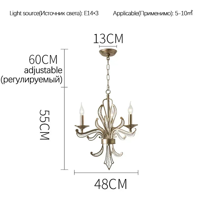 American retro crystal candlestick, French creative candle design, bedroom, living room, study, interior decoration lamp - 3 heads D48cm / white light