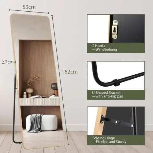 Full Length Mirror Standing Hanging or Leaning Against Wall Large Bedroom Floor Mirror Dressing, Aluminum Alloy Frame 162cm - Gold Round angle