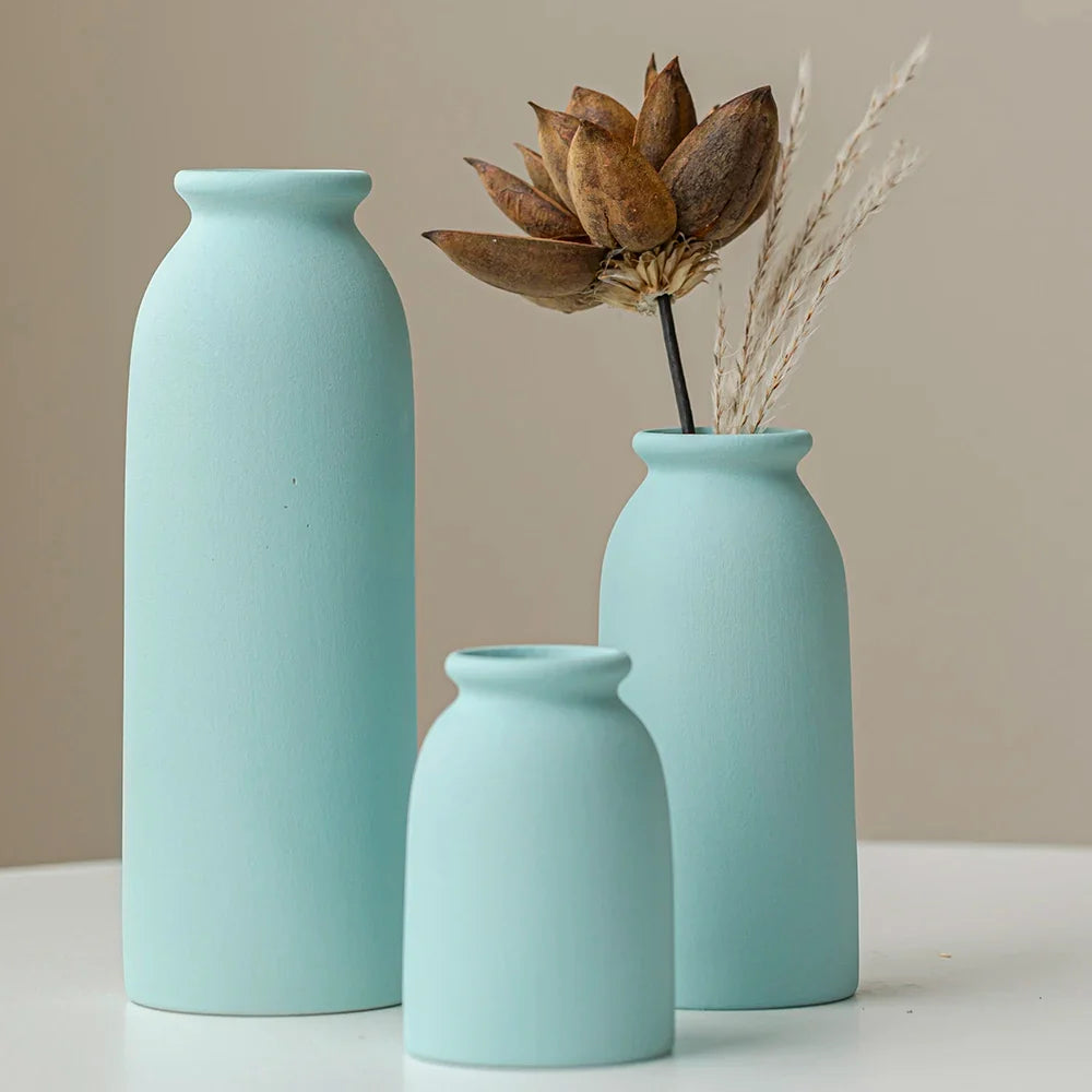 Ceramic Vase,Small Vases for decor,Set 3 Modern Boho Vases for Flower Pampas,Fit for Living Room Desk Shelf decor - Blue