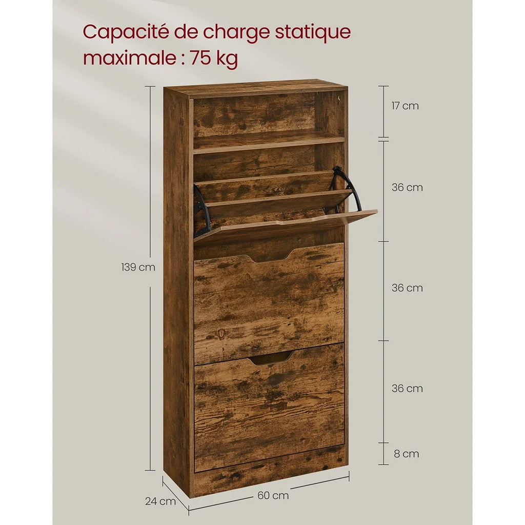 3 Doors Battling Shoe Cabinet, Open compartment, Adjustable separator, 14 to 18 Pairs, 24 x 60 x 139 cm, Brown - view 6