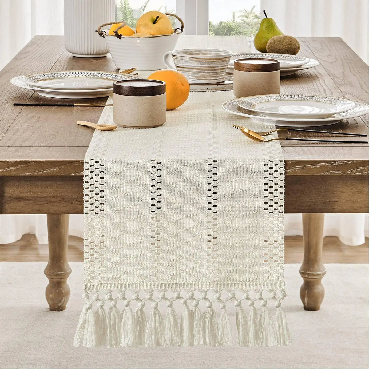 Macrame table runner bohemian ivory woven fringes - view 4
