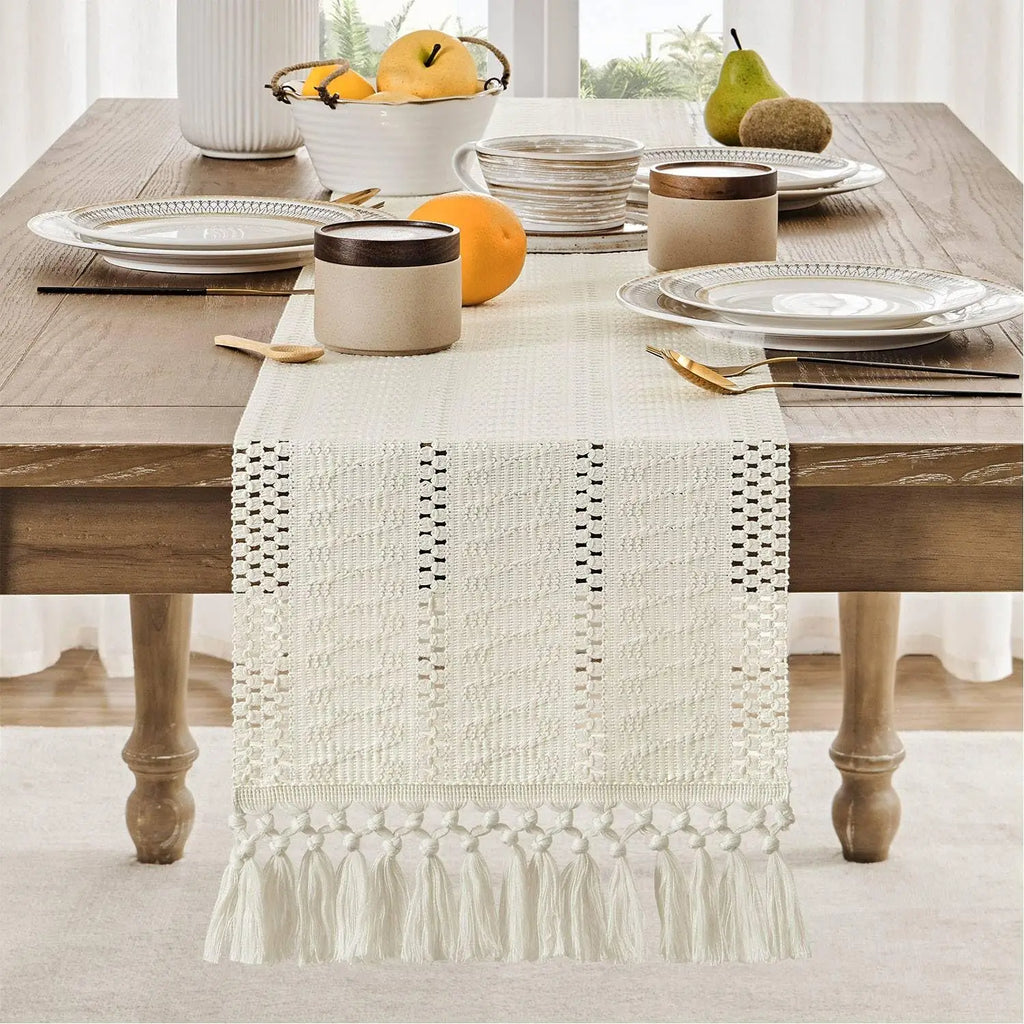 Table runner macrame bohemian ivory woven fringes - view 4