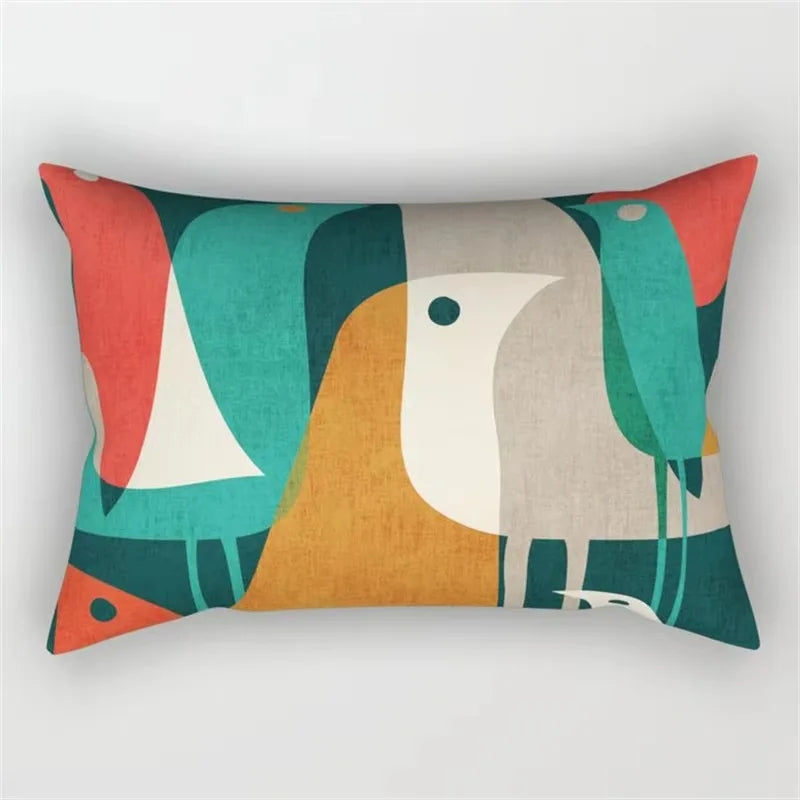 Minimalist Rainbow Geometric Throw Pillow Cover with Plant Motifs