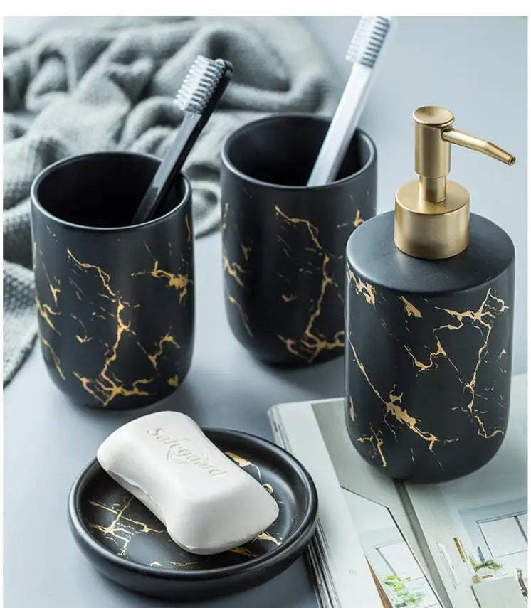 Black Marbled Bathroom Accessories Set, Ceramic Soap Dispenser, Toothbrush Holder, Box, Decoration - view 3