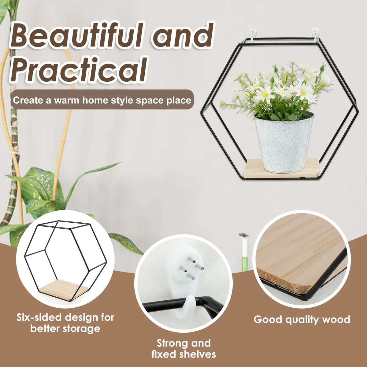 Set of 3 hexagonal floating wall shelves for home decoration - view 3