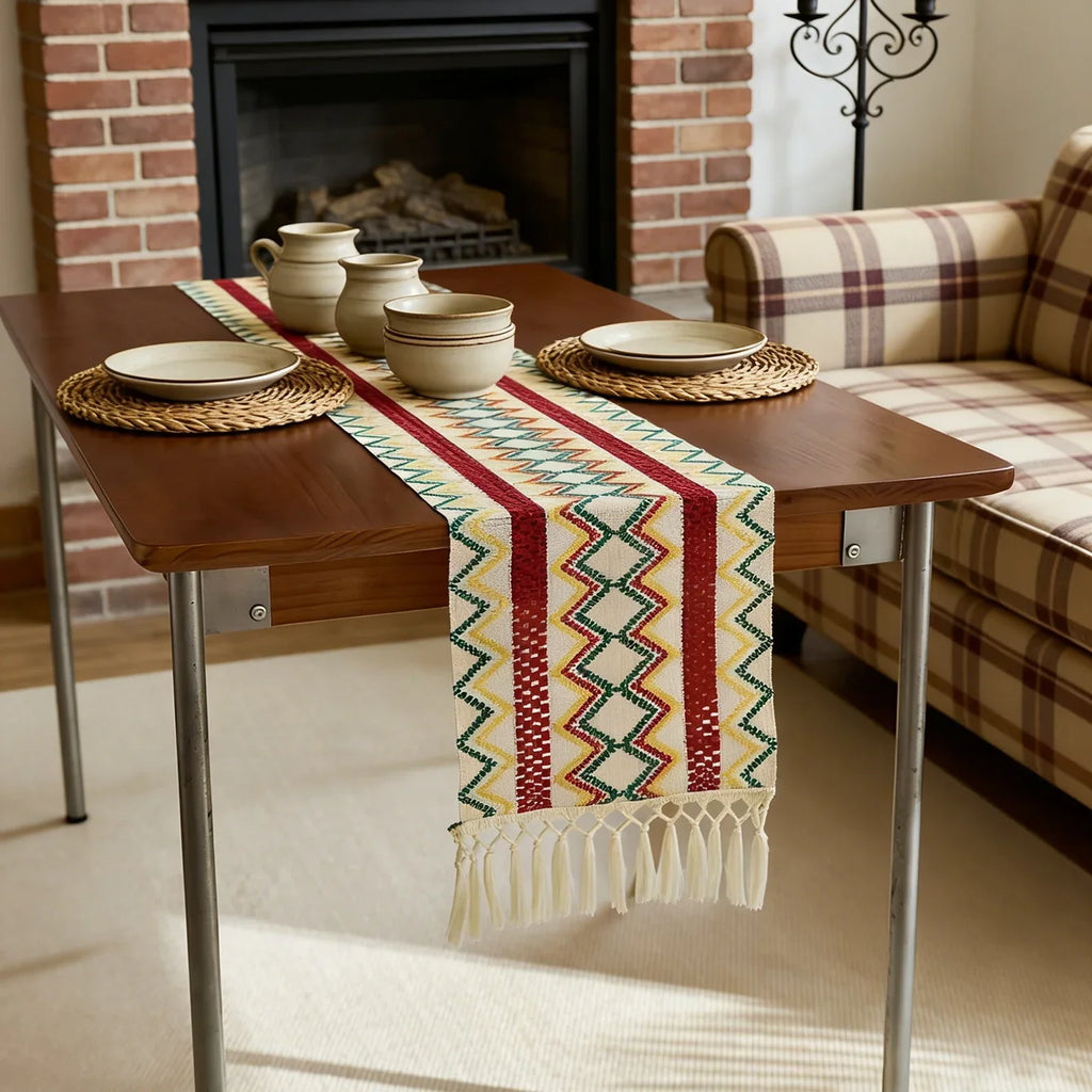 Bohemian table runner Aztec pattern with pom-poms - view 4
