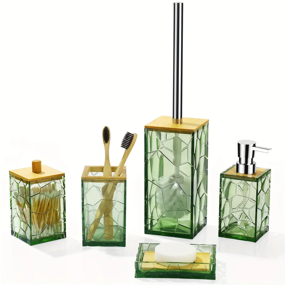 Bathroom Accessory Set, Acrylic Bamboo Accessories, Includes Toothbrush Holder, Soap Dispenser, Cotton Swab Holder, Soap Dish, T