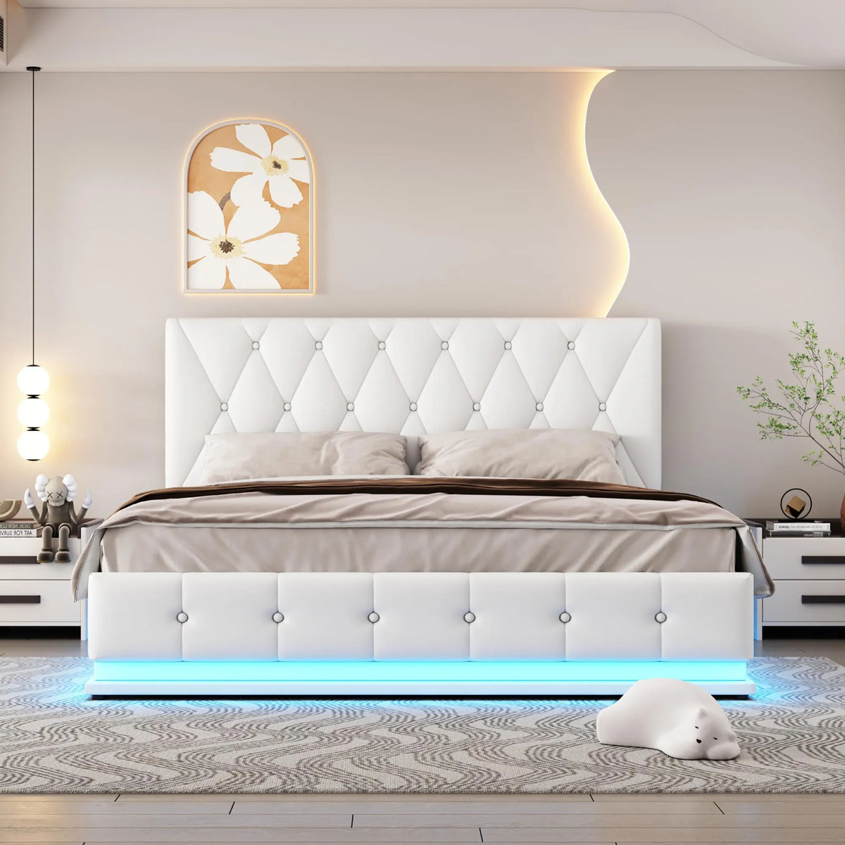 White Upholstered Bed, 140x200cm Double Bed, with Slatted Frame Artificial Leather Cover LED Lighting Hydraulically Liftable Bed - view 2