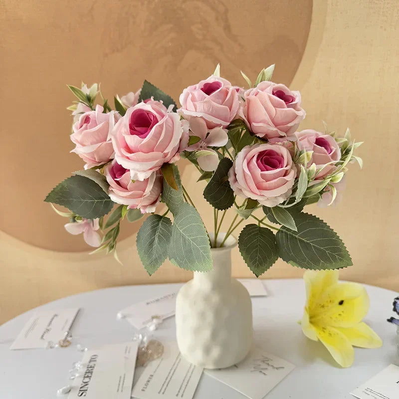 9-Head Artificial Silk Rose Bouquet, Purple Pink Heart and White - view 3