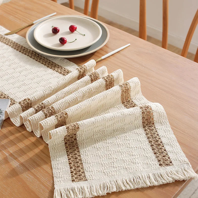 Craft-Style Bohemian Beige Table Runner with Geometric Pom-Poms - view 7