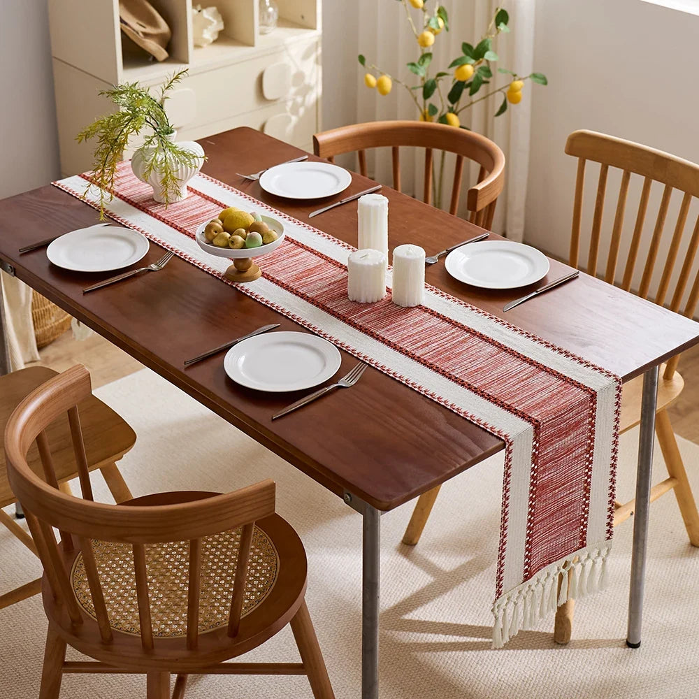 Bohemian Red and Beige Striped Table Runner with Pom-Poms, Style Two - 30x50 placemat