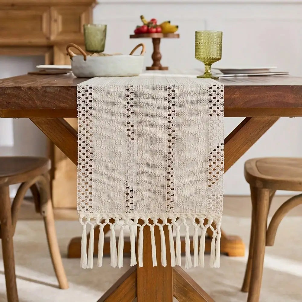 Artisanal Beige Bohemian Table Runner with Pom-Poms - view 2