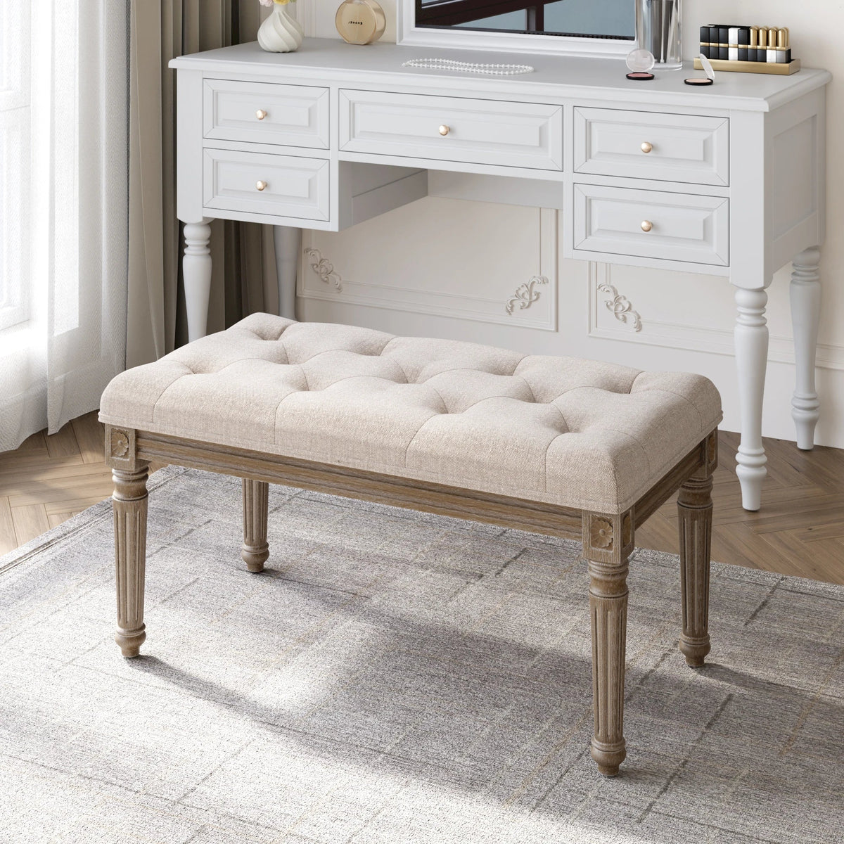 Beige Upholstered Bench Entryway Bedroom Dining Bench Wood Vanity Piano Shoe Bench,Ottoman Bench for Living Room Kitchen Hallway - view 4