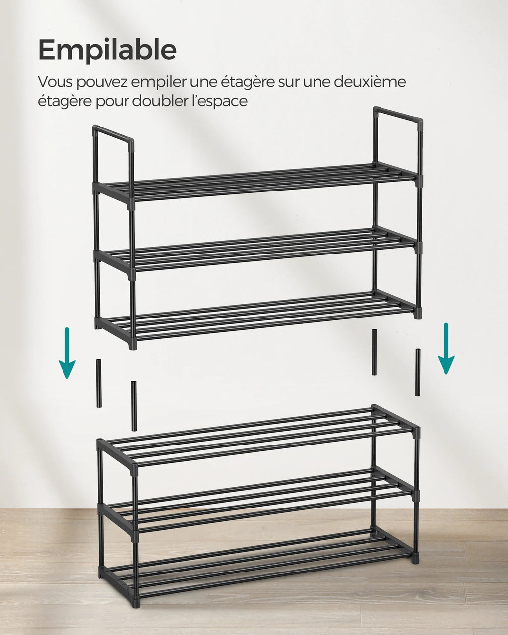 SONGMICS Shoe Rack 3 Tier, Metal Shoe Rack for 12-15 Pairs, Stackable, Hallway, Living Room, Bedroom, 30 x 92 x 55 cm - view 2