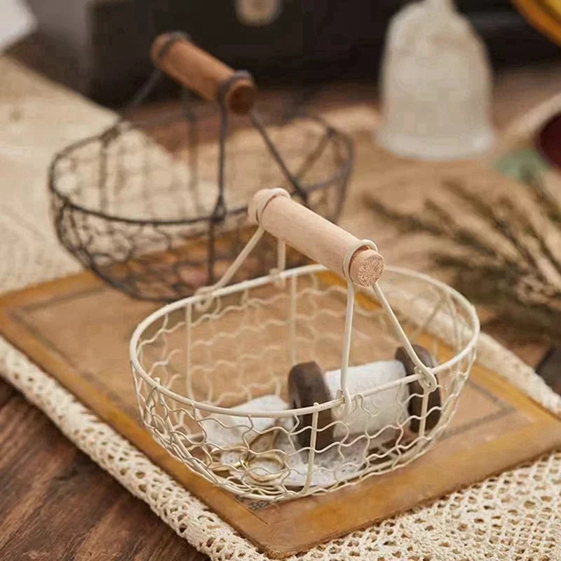Basket made of iron for vegetable fruits and bread with wooden handle