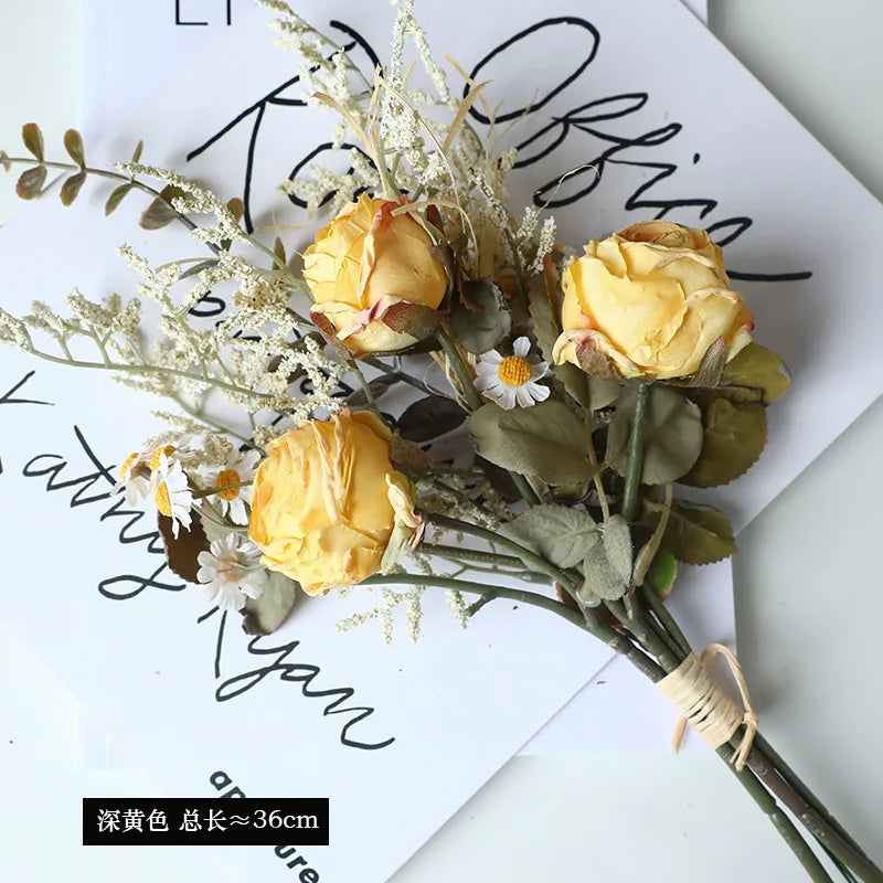 Bouquet of dried rose wines and peonies for autumn retro decoration - Yellow