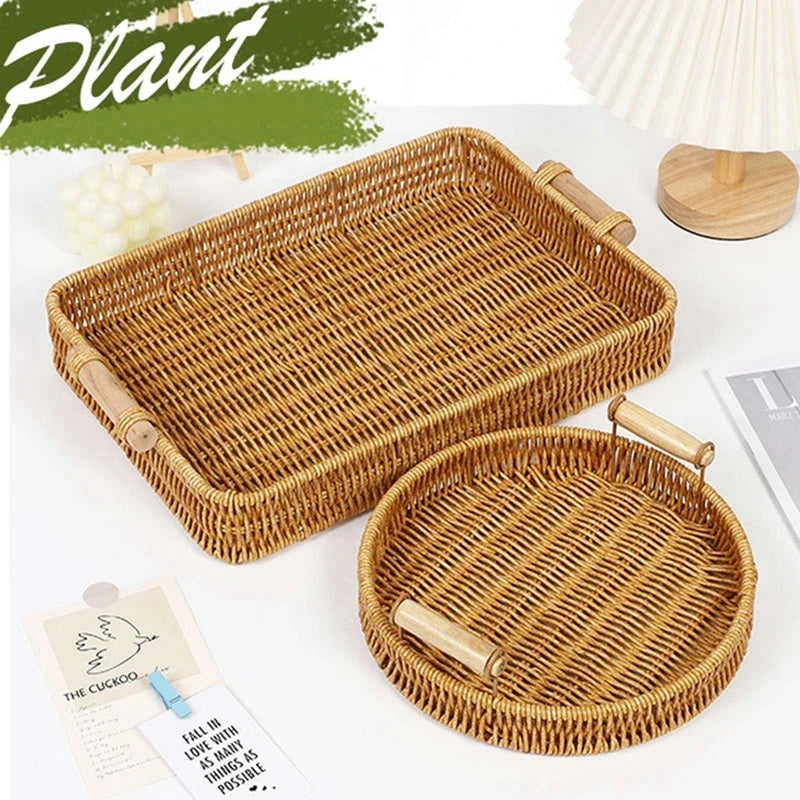 Woven rattan storage tray with wooden handles - view 3