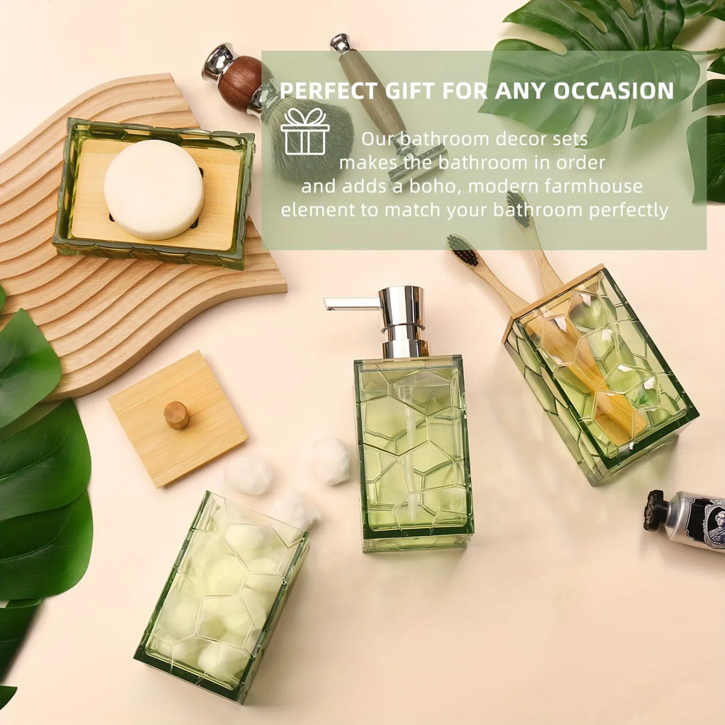 Bathroom Accessory Set, Acrylic Bamboo Accessories, Includes Toothbrush Holder, Soap Dispenser, Cotton Swab Holder, Soap Dish, T - view 5